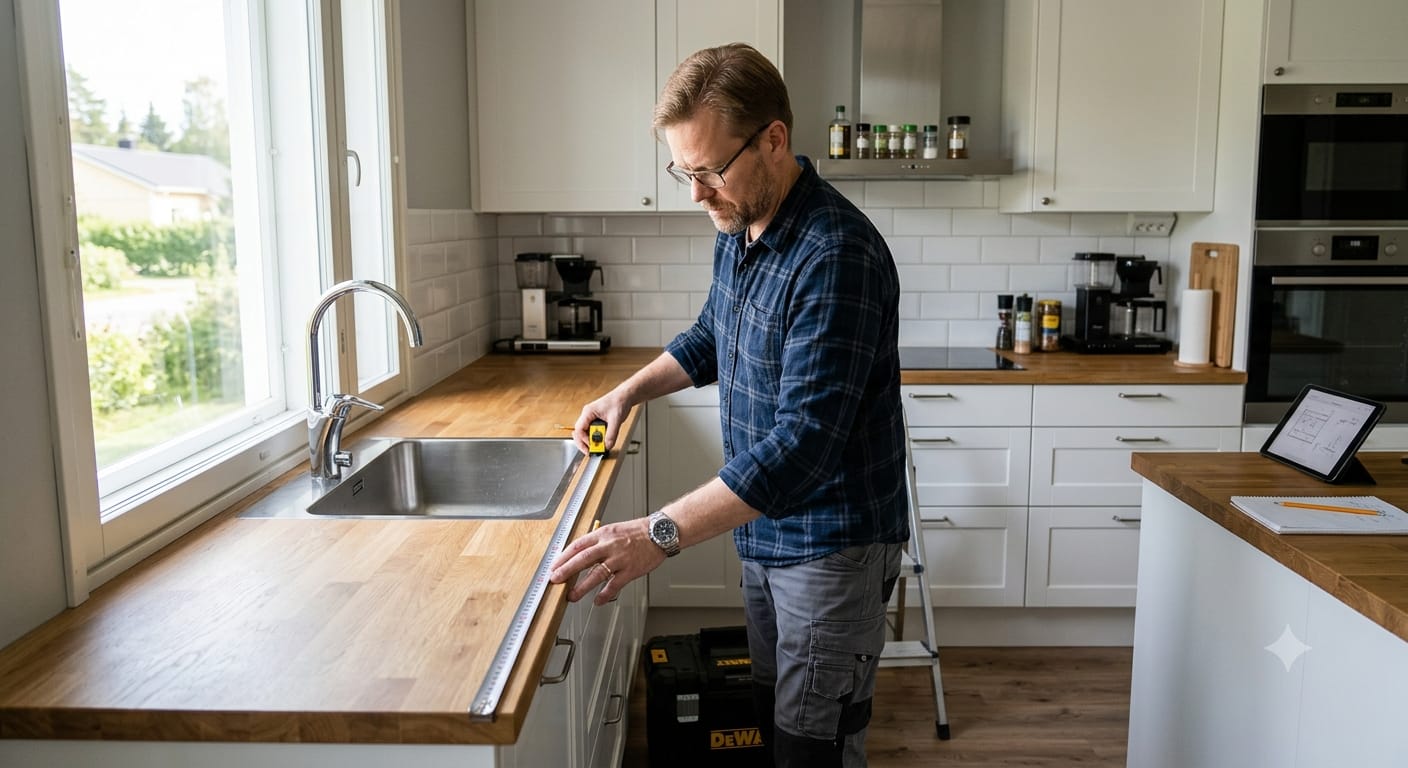 Mies mittaa keittiön työtasoa mittanauhalla, taustalla valkoinen keittiö ja kahvinkeitin.